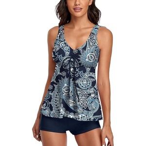 Tankini Swimsuit Navy Blue Paisley Print Tank‎ Top Boy Short Swim Bottoms XXL